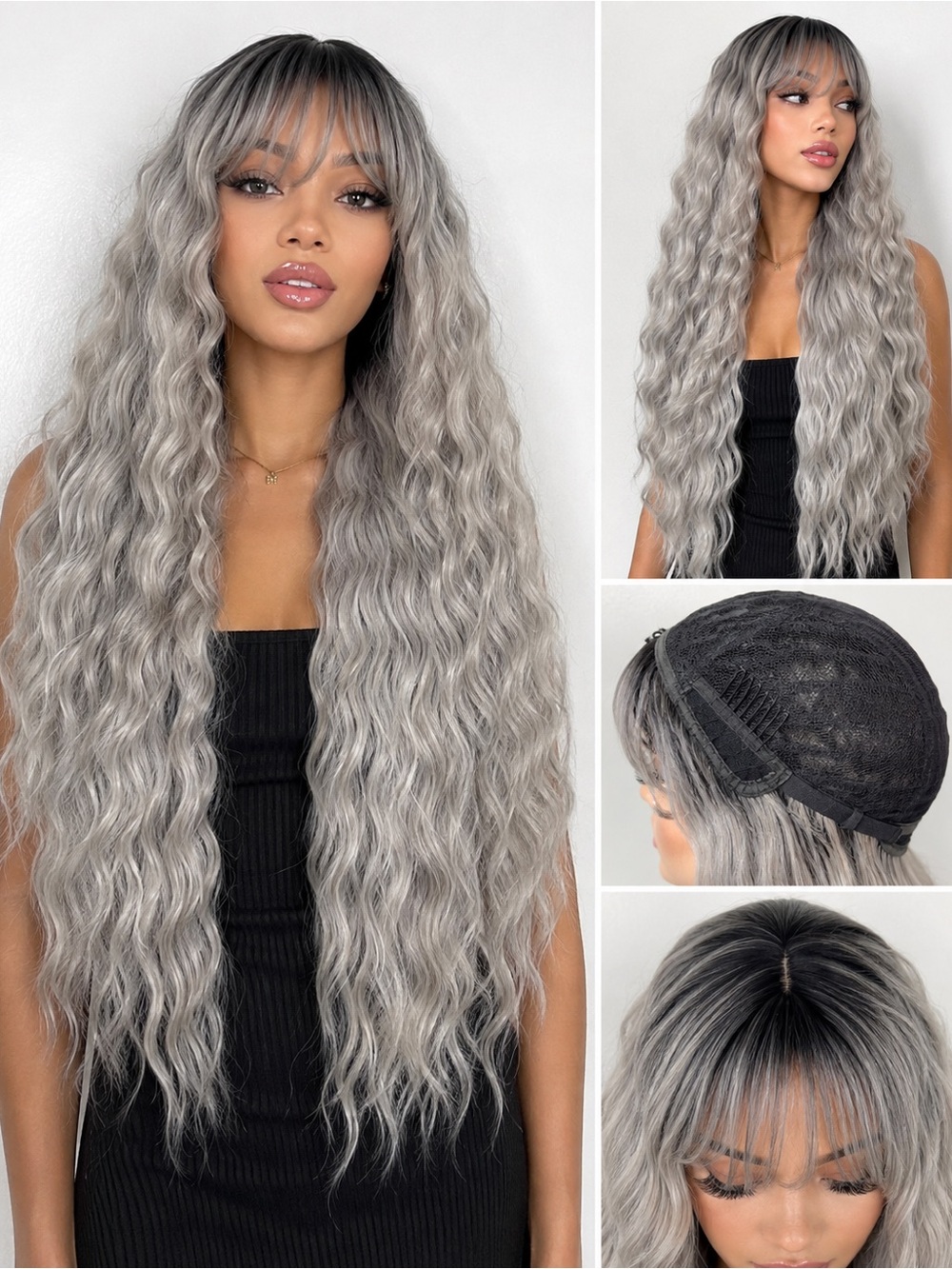 Long Wavy Silver Gray Wig with Bangs 24 inches long - Women Hair